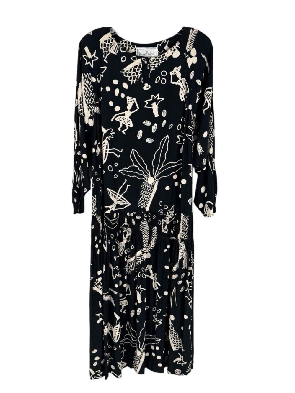 Vintage Nicole Miller Dress Womens Size 12 Black Ivory Folk Art Graphic Print